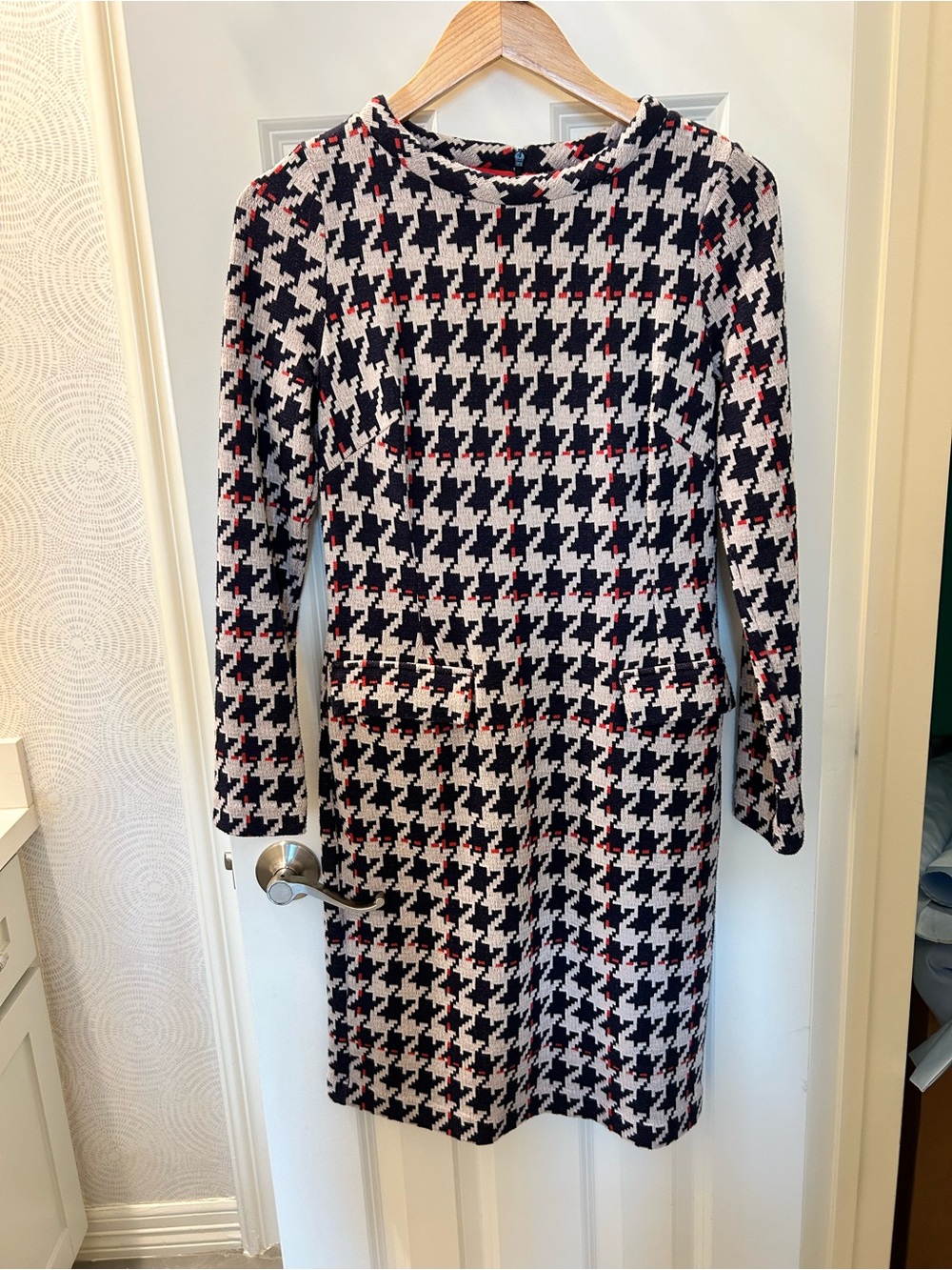 Boden Black, White & Red Houndstooth Long-Sleeve Dress